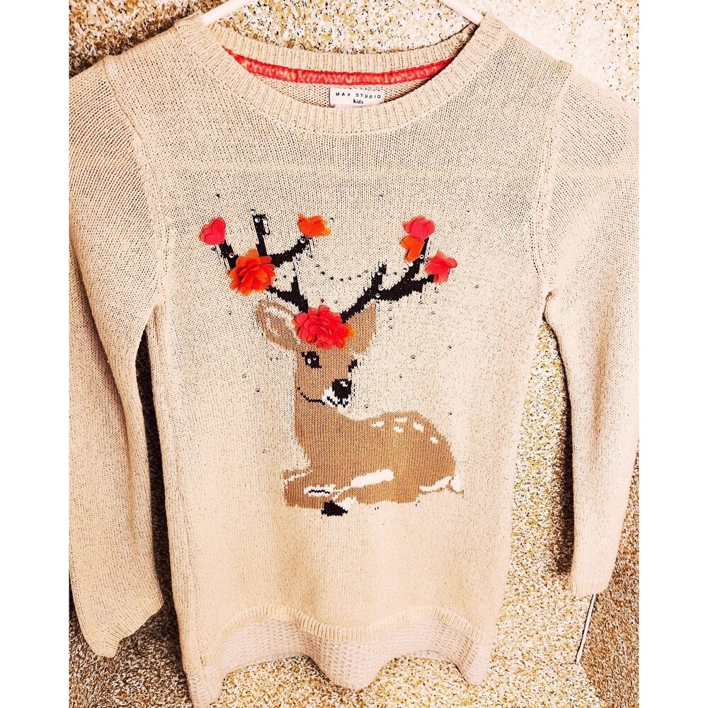 Girls Tunic Sweater Deer Floral Rhinestone Sweater Embellished Fall Cozy L(6X)